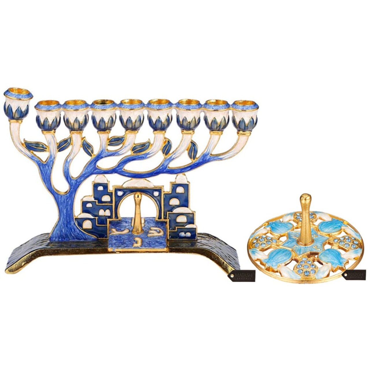 Matashi Hand Painted Blue Enamel Menorah Candelabra W/ Jerusalem City Design And Pomegranate Spinning Dreidel Holiday